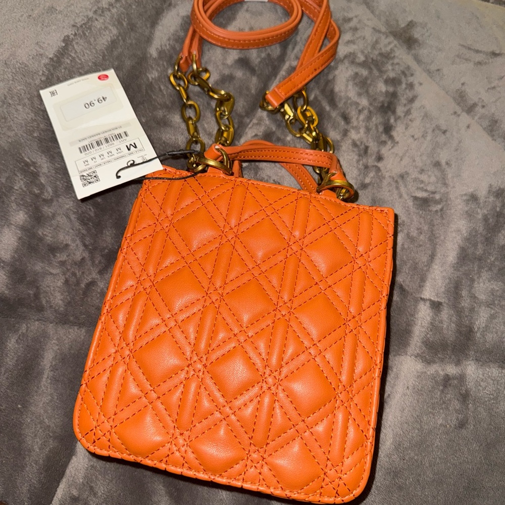 Zara Orange Quilted Crossbody Bag with Gold Hardware